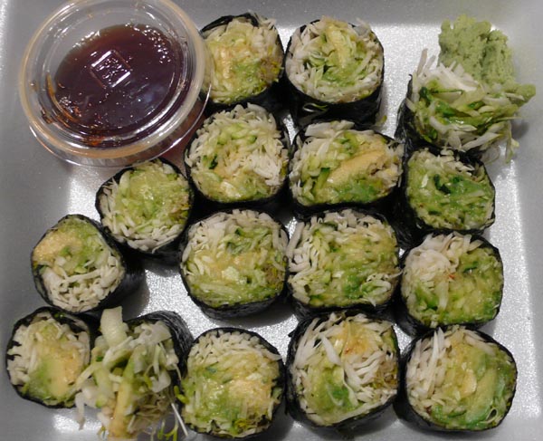 sushi wrap and vegetables: wrapped in nori sheets and served with vegetables (zucchini, alfalfa sprouts, avocado, cabbage) $6.99
