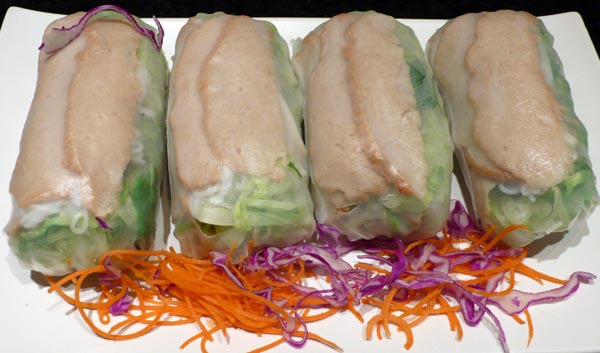 freshy rolls: thai spaghetti, soy chicken, romaine lettuce, bean sprouts, and fresh herbs, wrapped in rice paper and served with hoisin sauce. $7.95