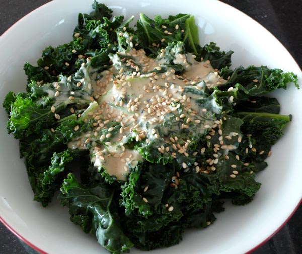 steamin' kale: organic kale with ginger-miso dressing and roasted sesame seeds. $3.95