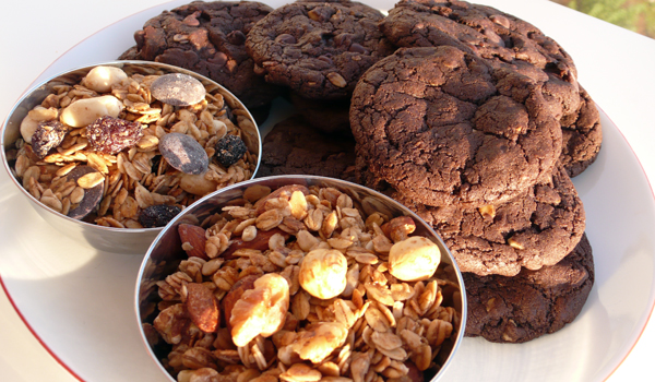 nutty steph's vermont granola, nutty steph's trail mix, and cookies made with nutty steph's ingredients
