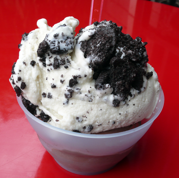 1 massive scoop of mint-oreo and chocolate-peanut butter vegan ice cream. around $2