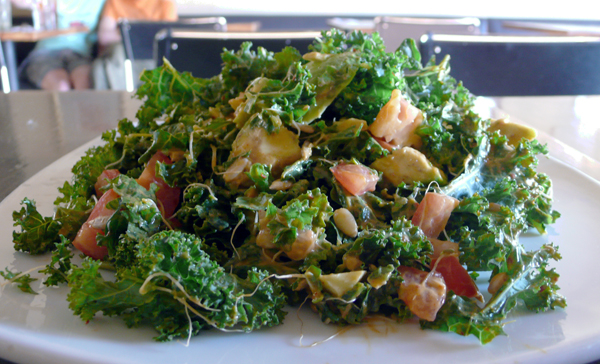 deep green salad: marinated kale with avocado, tomatoes, sprouts and sunflower seeds in a chili lime dressing. $10