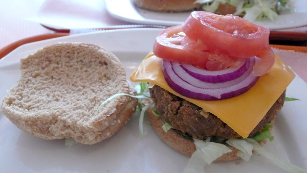 homemade veggie burger: a medley of organic grains & veggies. $5.99 + soy american cheese. $1.25