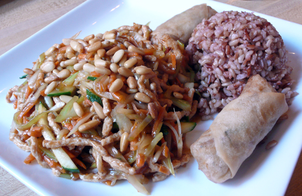 shredded melody (with taro spring rolls and rice): shredded soy protein stir-fried with celery, carrots, zucchini, & pine nuts in a light garlic sauce. $9.50