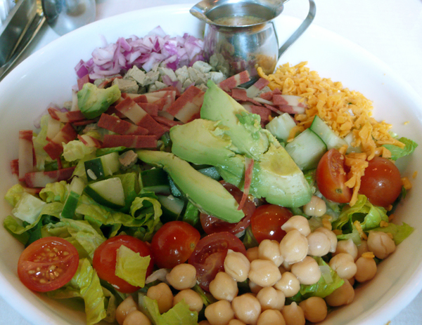 vegan cobb salad: faux-fowl, avocado, fakin' bacon, baby tomatoes, red onions, chick peas, peppers, lettuce and soy cheese. $12
