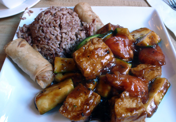 tofu delight (with taro spring rolls and rice): soft tofu with zucchini & tomatoes in a black bean sauce. $9.50