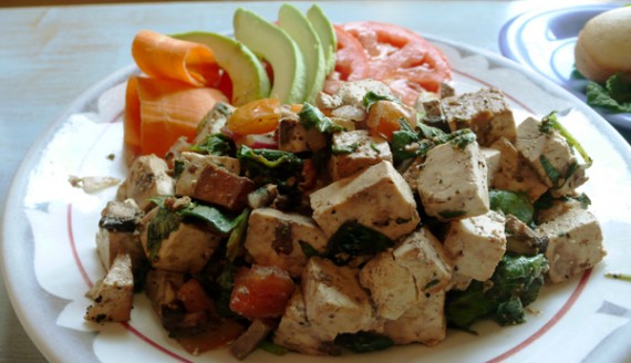 tofu scramble: tofu, tomato, basil, mushroom, red onion & spinach. $6.95