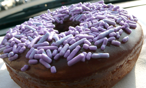 dee's nuts vegan donut with chocolate frosting and purple sprinkles. yum.