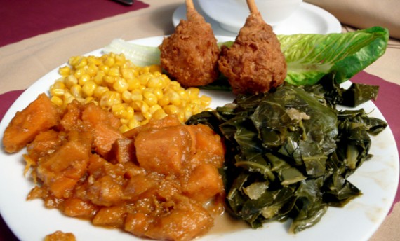 soul plate: your choice of fried fish or chicken with candied yams, greens and buttered corn.  $13.95