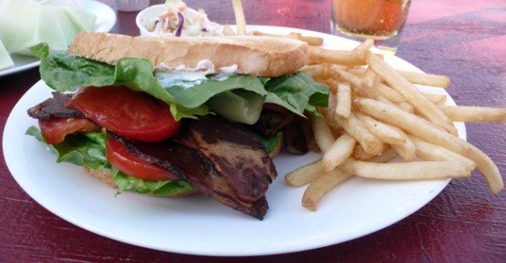 b.l.t.: vegan bacon, lettuce and tomato with vegan mayo on toasted white or sourdough. $6.95