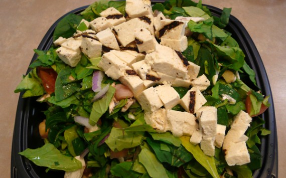 create your own salad with arugula, spinach, chick peas, mushrooms, red onion, snap peas, tomatoes and grilled tofu. $9.20