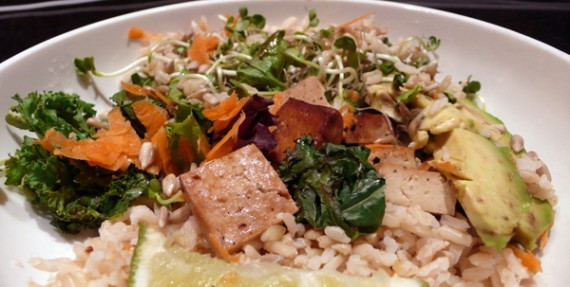 basmati brown rice bowl: Brown basmati rice with crispy kale, shredded carrot, raw sunflower seeds, lime wedges, daikon sprouts and avocado served with your choice of teriyaki seitan or baked tofu and sides of tahini dressing and tamari. $9.95