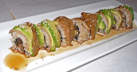 dragon roll: shiitake mushroom and avocado inside, BBQ seitan and avocado outside, served with sweet soy sauce. $10.95
