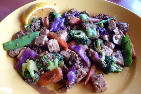 tofu saute: tofu, sauteed quinoa, broccoli, snow peas, mushrooms, carrots, red cabbage, garlic and ginger with a squeeze of fresh orange, served with a swingers salad. $9.25