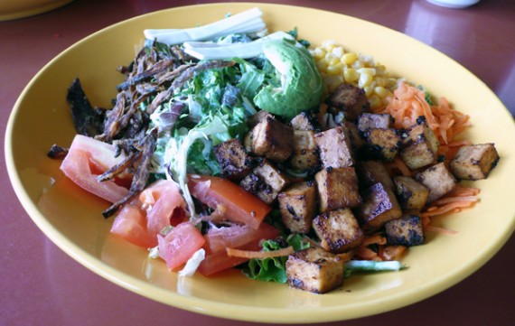 vegan cobb: sauteed tofu, soy cheese, avocado, sweet corn, tomatoes, crispy onions, and carrots with organic mixed baby greens tossed in tahini-dill dressing. $10.95