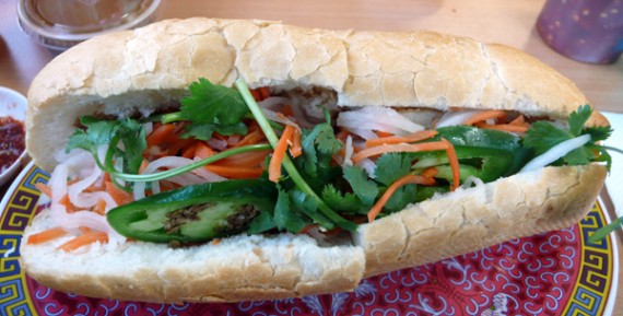 veggie sub: chicken or beef patty, cucumber, soy sauce, pickled radish, and carrots served on french bread. $4