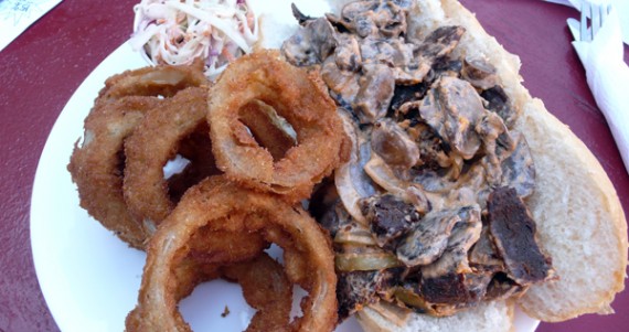 philly cheesesteak: strips of beef smothered in cheese piled with grilled onions and mushrooms. $8.75
