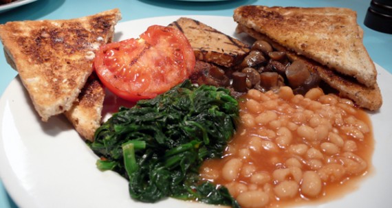 big vegan breakfast: tofu, tomato, mushrooms, beans, spinach and 2 toasts. £5.95