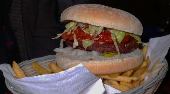 burger: 2 vegan patties served in a flour bap with toppings and sauces of your choice on a basket of fries. £7.50