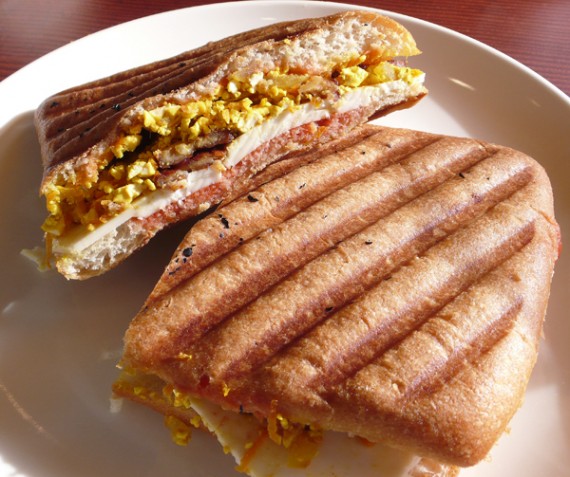 breakfast panini: scrambled tofu, tempeh bacon, grilled country bread. $8.45