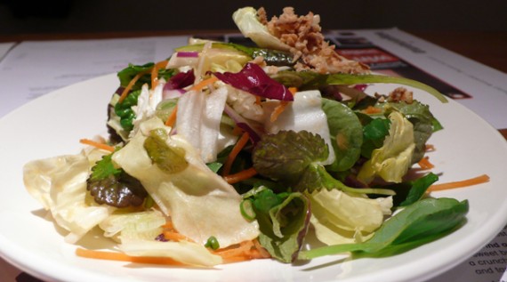 raw salad: a combination of mixed asian leaves, thin cut mooli, carrot, spring and red onions. garnished with fried shallots and served with wagamama house dressing. £2.90