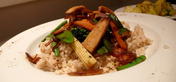 ben's special: west indian stir-fry with whole-grain basmati rice and a creation of fresh vegetables, with tofu cubes or seitan (according to your choice) sauteed in extra virgin olive oil, marinated and lightly spiced.