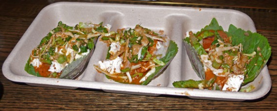vegan sesame leaf tacos with tofu and asian pear. $5