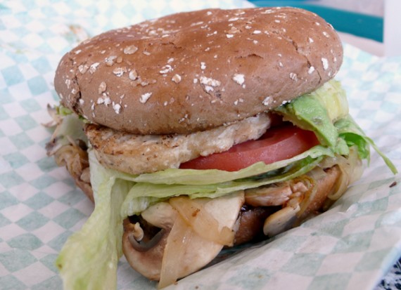 chik'n grill vegan sandwich with no bbq sauce, + mushrooms, + onions, + avocado