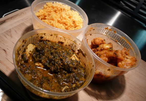 aloo gobi: potato and cauliflower cooked with herb and spices $6.95...and saag tofu: pureed spinach with tofu and spices. $6.95. plus rice!$2.95