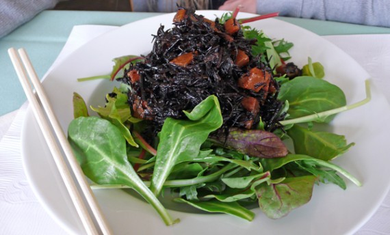 hijiki (sea vegetables) salad: hijiki seaweed over green salad. $7