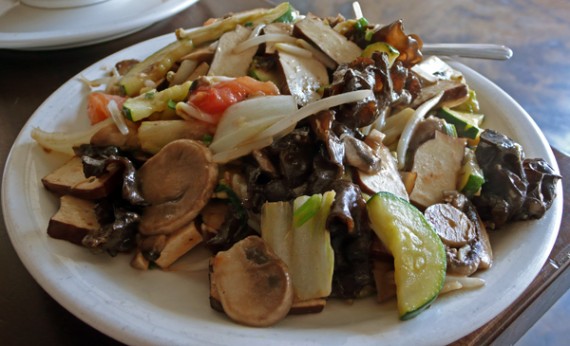long march camp-fry: chinese cabbage, snow pea, tomato, wood-ear mushroom, white mushroom, zucchini & bean sprouts. plus tofu. $9