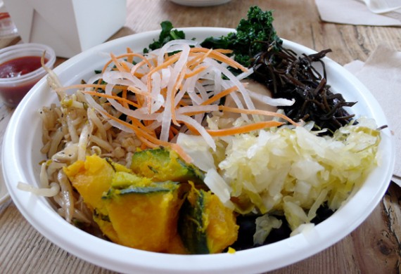 saisai donburi macro bowl: kabocha, kale, shitake, arame, bean sprouts, daily bean, sauerkraut, balsalmic miso sauce all over organic brown rice. $11.95