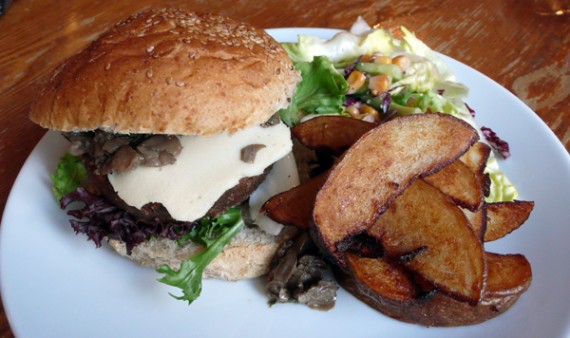 organic vegan burger special with garlic and mushrooms.
