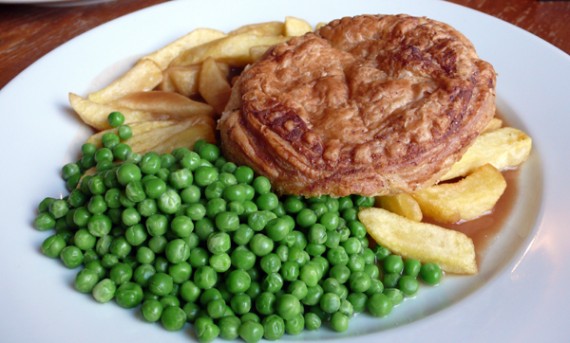 warehouse cafe special: leek pie served with garden peas and chips.