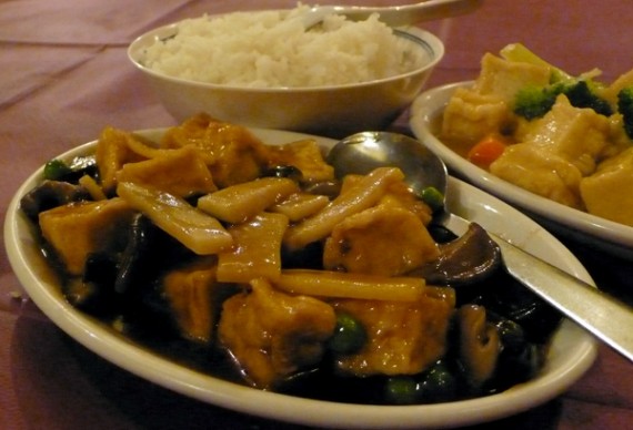 three delicacies: braised tofu, bamboo shoots, and chinese mushrooms. £5.50