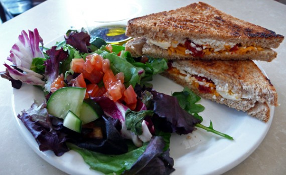 not your mama's grilled cheese (vegan-style): made with two types of vegan soy cheese and sun-dried tomatoes. $7.95