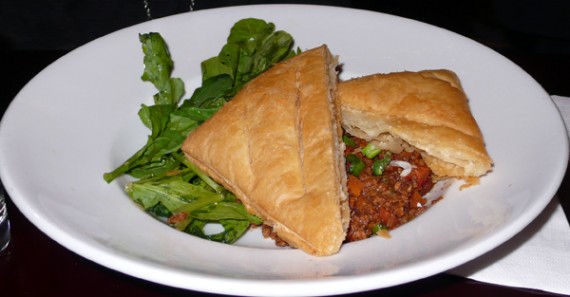 sloppy joe: fatty's original veggie ground meat, red bell peppers, carrots stewed in our mildly spicy joe sauce; served with puff pastry and topped with arugula, green onions and chimichurri dressing. $14