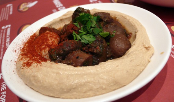 hummus and warm pitta bread with stewed button mushrooms and caramelised onions. £6.90