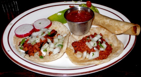 soyrizo soft tacos w/ onion and cilantro, hard shell eggplant & potato taco w/ guacamole (no sour cream) $1 each