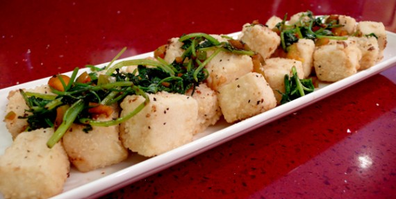 dau hu rang muoi: battered soft tofu seasoned in salt, black pepper, cilantro and jalapeno. $8