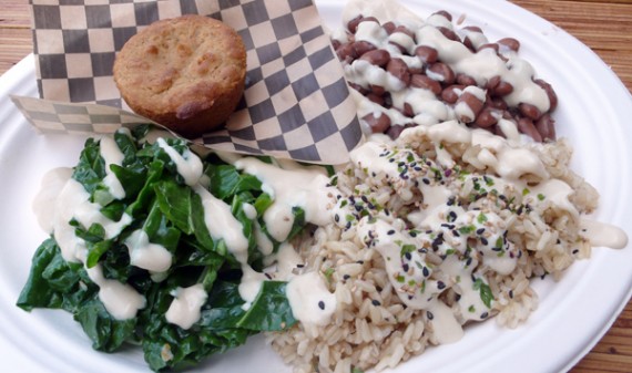 flourish plate: southern macro plate. pinto beans, long-grain brown rice & sauteed kale with a delicious creamy sauce & a gluten-free corn muffin. $9.95