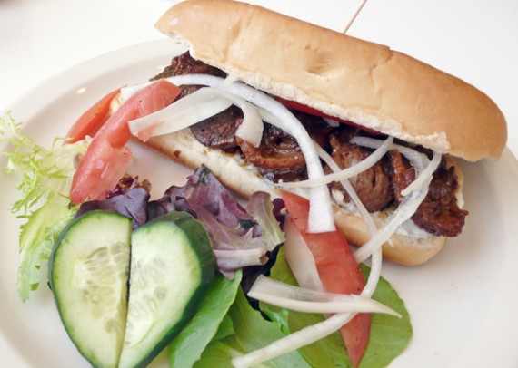 teriyaki sub: grilled sauteed soy protein on a sandwich. $6.95