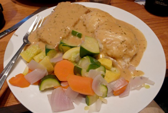 TV Dinner: Tempeh vegetable loaf, mashed potatoes, gravy, vegetables. $13.95