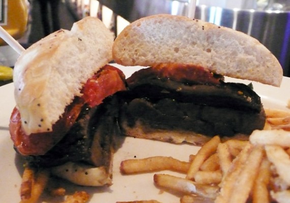 portabella burger (no cheese, no mayo): eggplant, peppers, basil, onion poppyseed bun