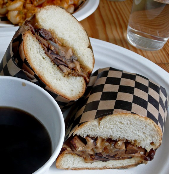 french dip, merci: porcini & shitake mushrooms with caramelized onions on french bread with a rich mushroom au jus. $10.25