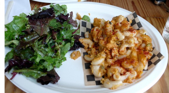 smac-n-cheese: gluten-free rice elbow pasta with a creamy cheesy sauce. served with a house salad. $9.95