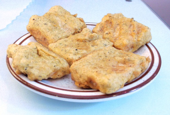 tofu pakoras: firm tofu dipped in spiced gram flour, fried. $6