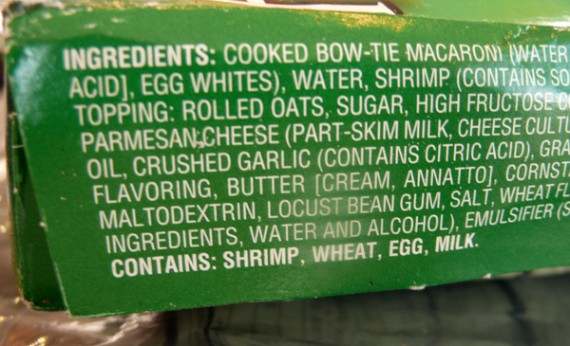 "Healthy" Choice Frozen Dinner containing Shrimp, Eggs and Milk