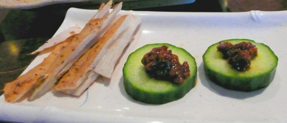 cucumber with beet pate and japanese mountain potato skins. FREE