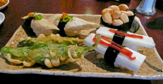 garlic rolls, japanese mountain potato, japanese mushroom and chile tempura.